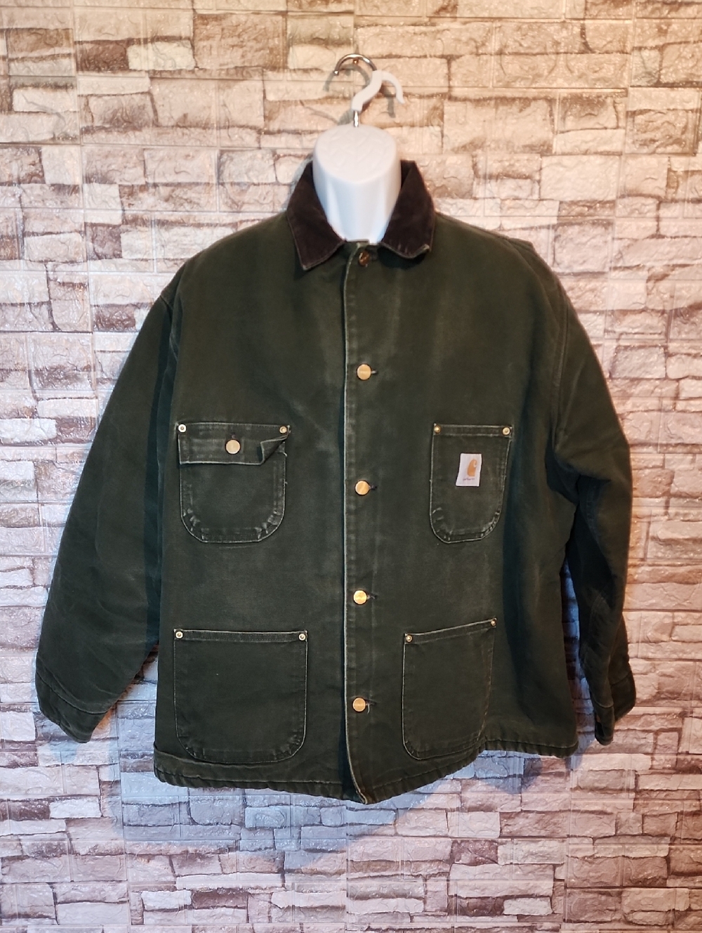 Carhartt Vintage  Blanket Lined Chore Coat Green Brown Collar Workwear Jacket